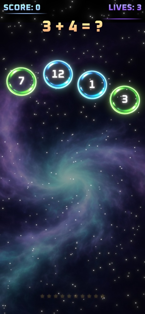 Math Bubbles Pop: the question 3 + 4 with four falling bubbles
