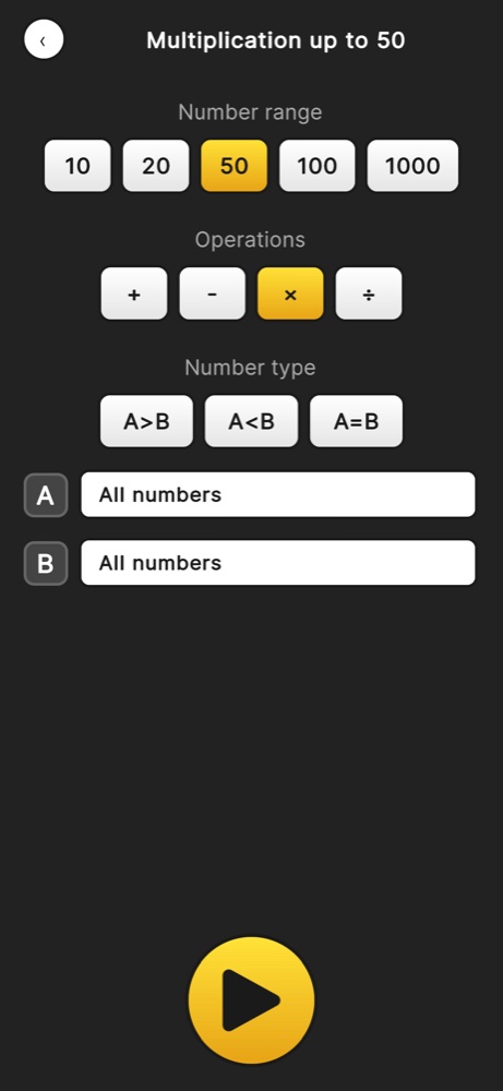 Custom settings for Multiplication up to 50: number range, operations and number types